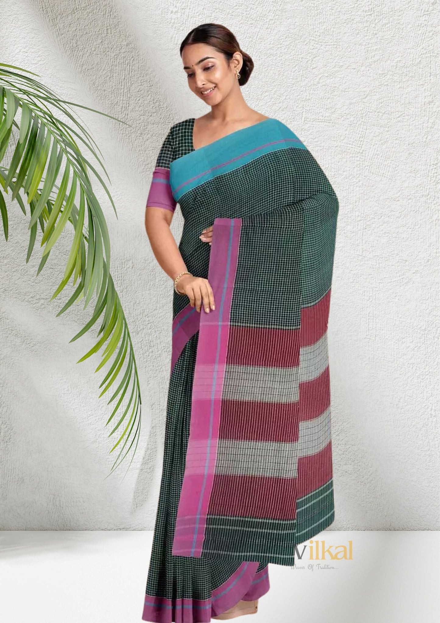 Pink Black Patted Anchu Saree