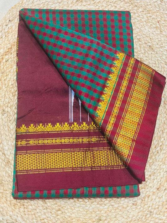 Chex Thana Wrap Cotton Ilkal Saree with Chikki Paras Border & Silk Pallu