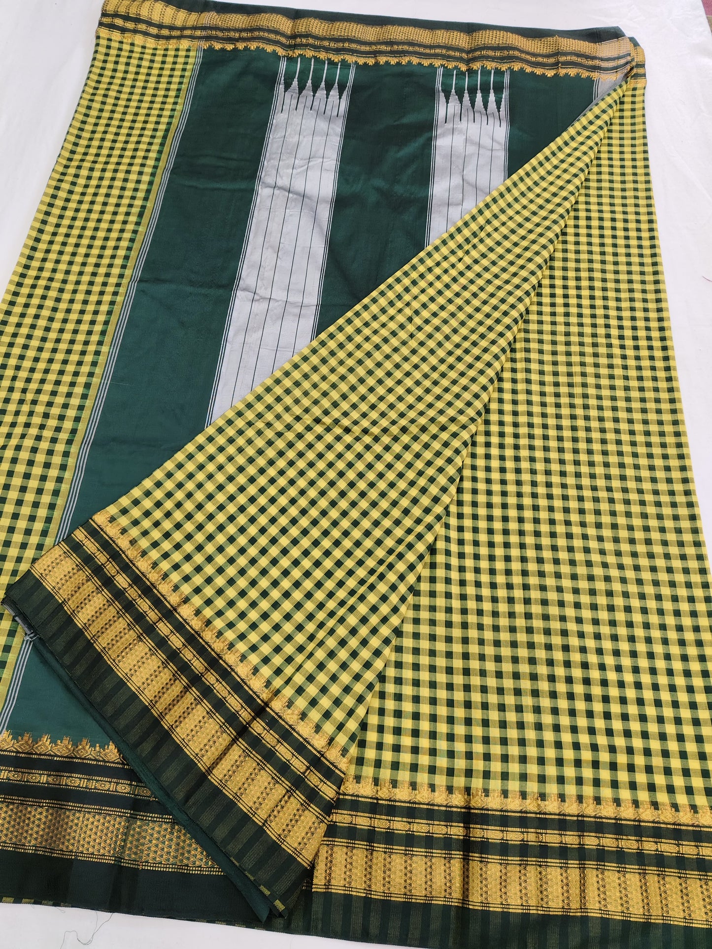 Yellow green Chex Thana Wrap semi silk Cotton Ilkal Saree