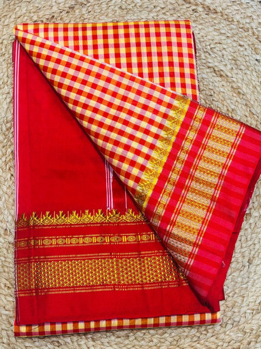 Classic Cotton Ilkal Saree – Chex Body, Chikki Paras Border, Silk Pallu